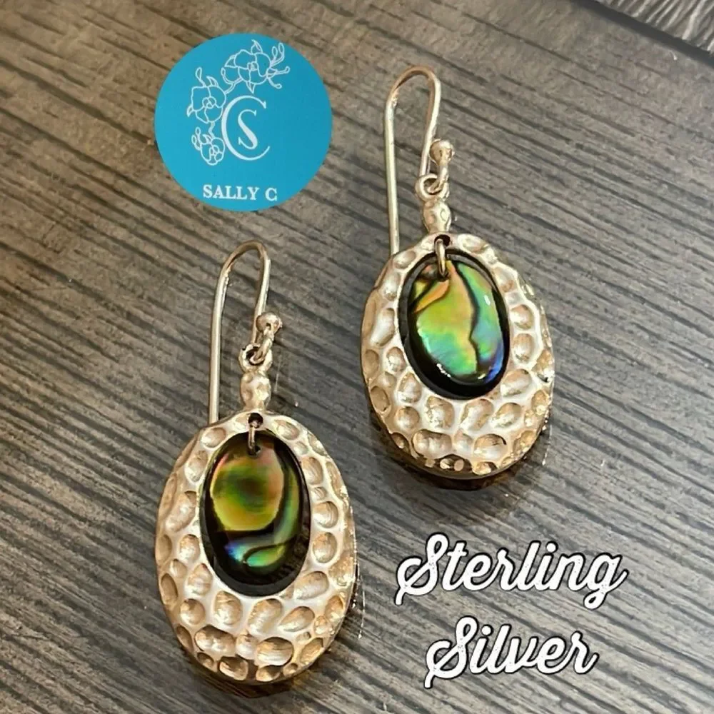 SX 925 Sally C Treasures Oval Hammered Drop Earrings w/ Abalone Sterling Silver